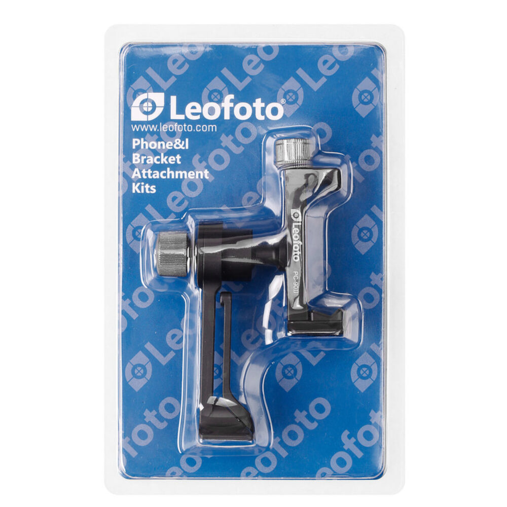 Leofoto PS-1 statiefvoet in retailverpakking met PC-90II smartphonehouder op Leofoto displaykaart.