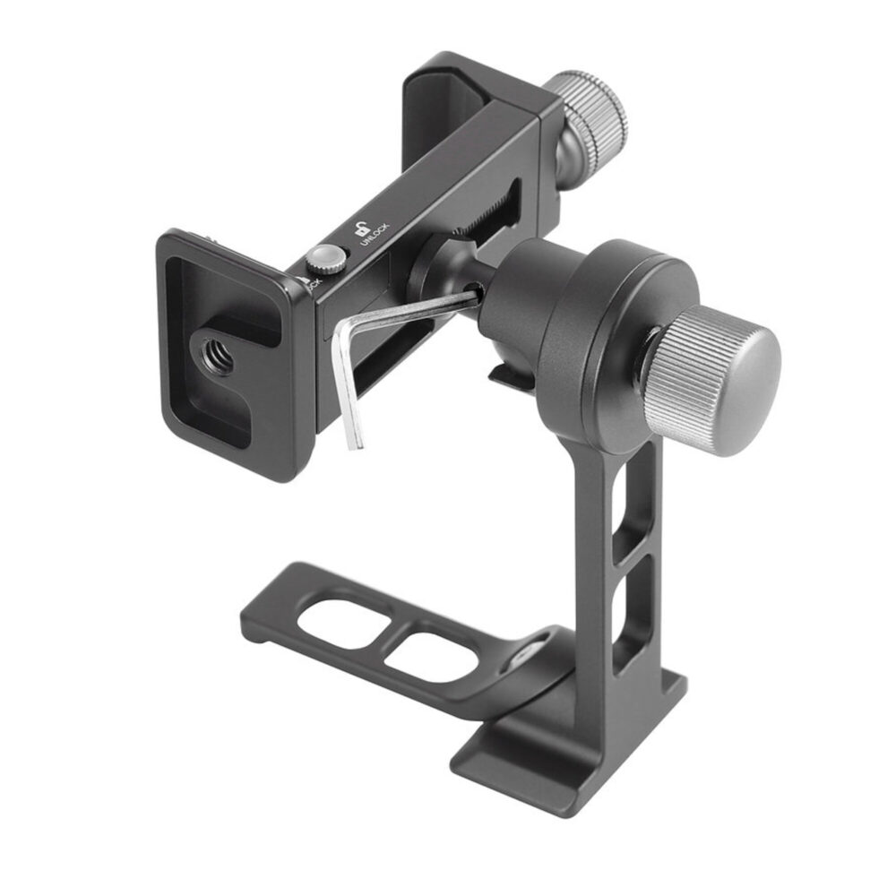 Leofoto PS-1 statiefvoet detailaanzicht van kogelgewricht met draaiwielen en gemonteerde PC-90II smartphonehouder.