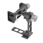 Leofoto PS-1 statiefvoet detailaanzicht van kogelgewricht met draaiwielen en gemonteerde PC-90II smartphonehouder.