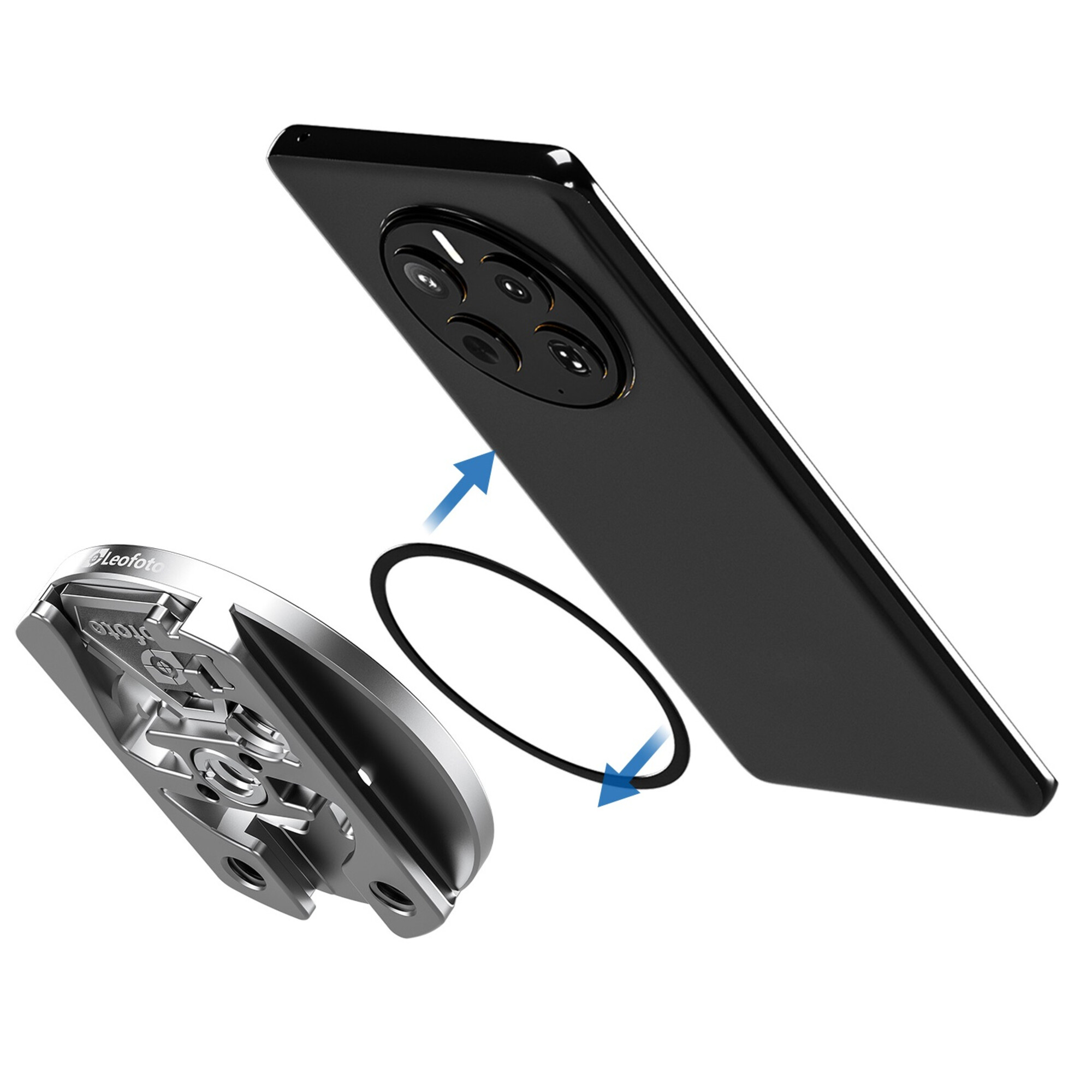Leofoto PM-01 smartphonehouder detailaanzicht van zilverkleurige basis met sleuven en schroefdraadopeningen.