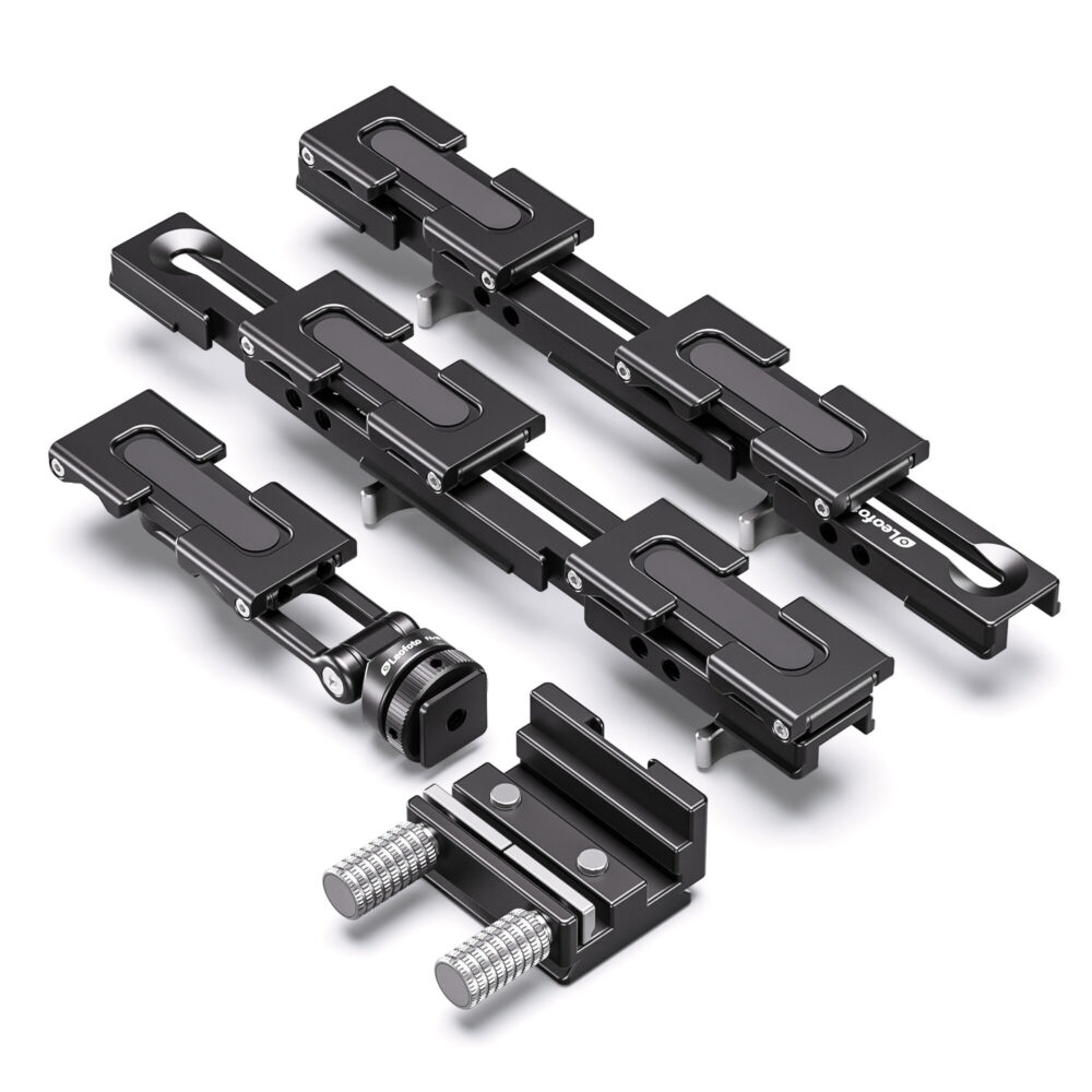 Leofoto VC-3 multi-smartphonehouder uit elkaar genomen met losse rails, klemmen en Arca-Swiss-verbindingsplaat.