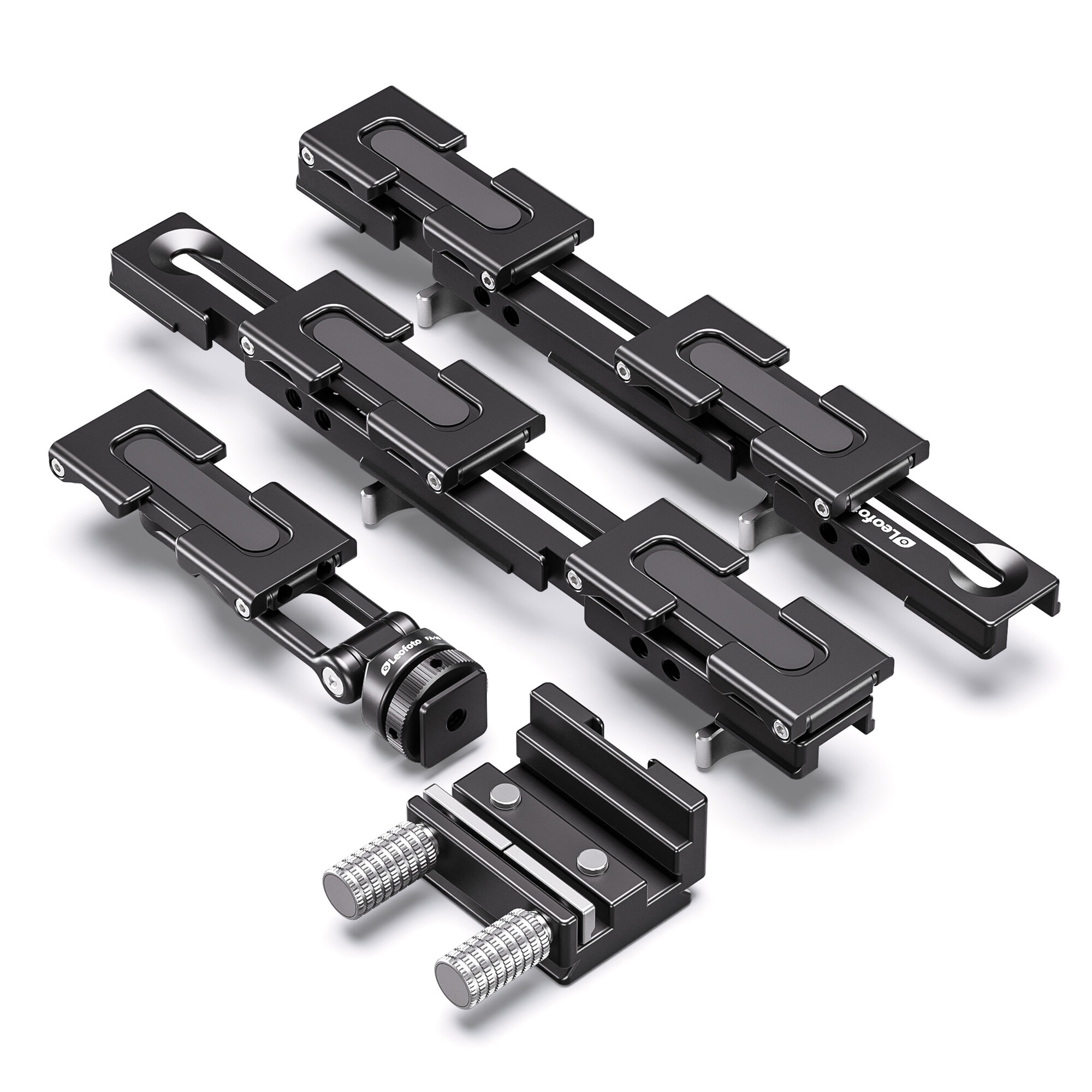 Leofoto VC-3 multi-smartphonehouder uit elkaar genomen met losse rails, klemmen en Arca-Swiss-verbindingsplaat.