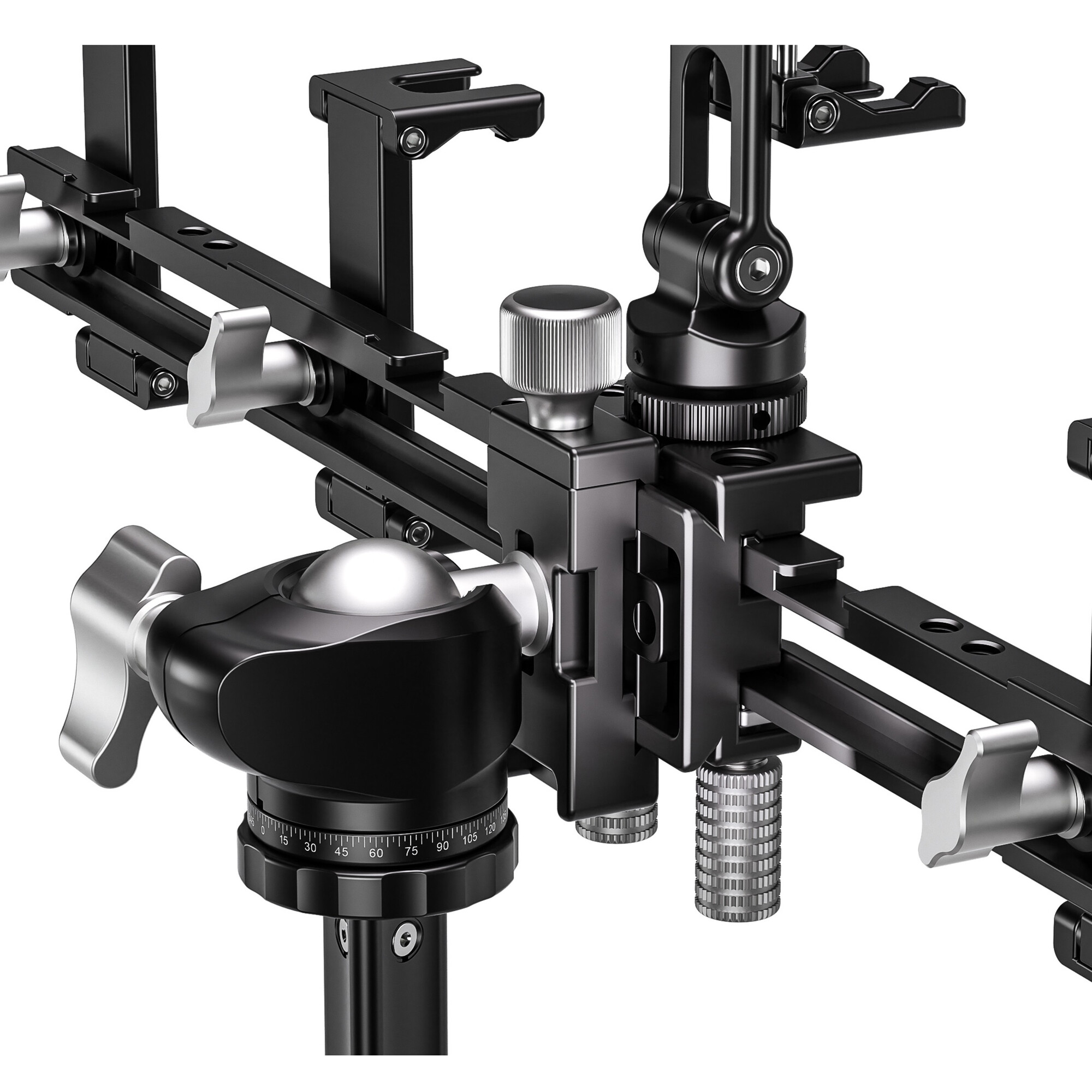 Leofoto VC-3 multi-smartphonehouder gemonteerd op statiefkop met meerdere smartphoneklemmen in videorig-opstelling.