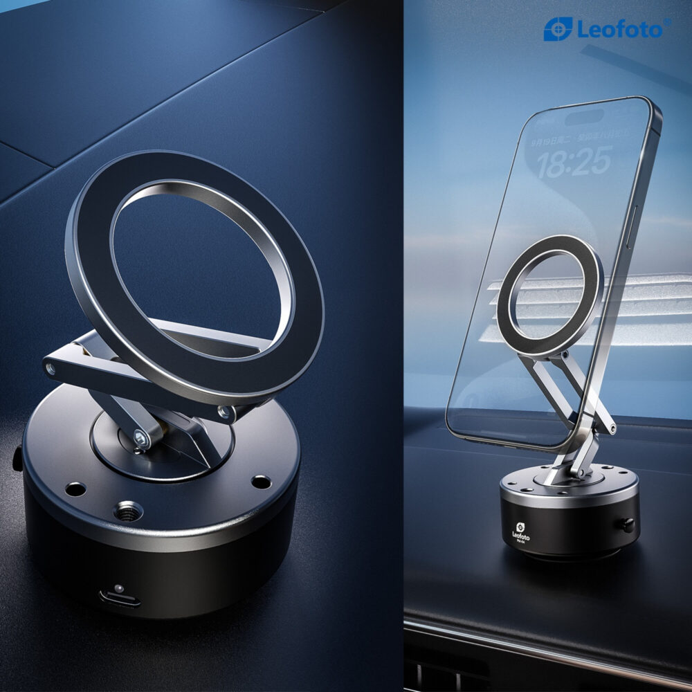 Leofoto PM-04 houder magnetische ring op basis naast voorbeeld waarin een smartphone verticaal op de zuignap is bevestigd.