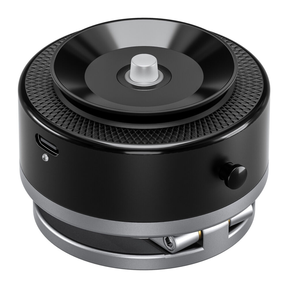 Leofoto PM-04 houder close-up van ronde elektrische zuignap met rubberen rand, USB-C oplaadpoort en bedieningsknop.