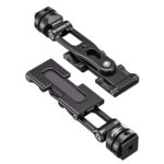 Leofoto FA-18 smartphonehouder liggend en uitgeschoven naast elkaar met zichtbaar 1/4"-schroefdraad en bevestigingssleuven.