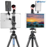 Leofoto PC-190 tablethouder op statief gemonteerd met tablet en bovenop extra accessoires zoals microfoon en lamp.