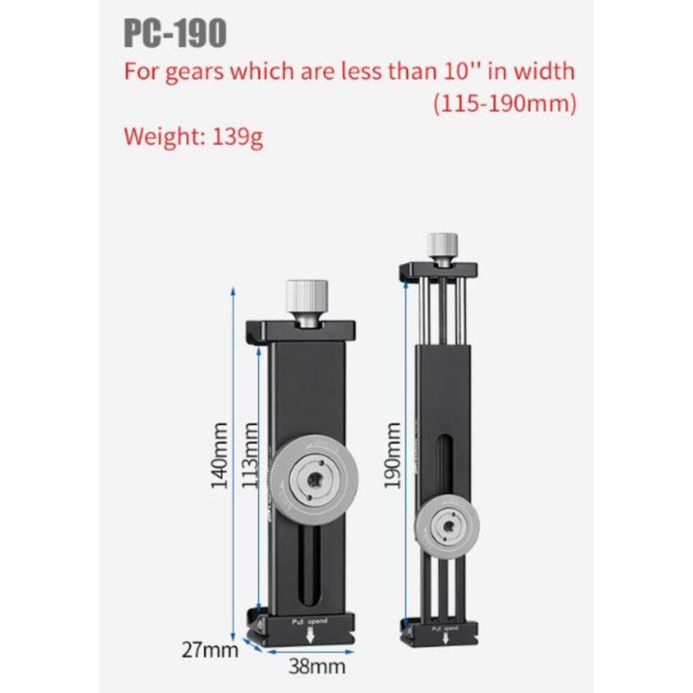 Leofoto PC-190 tablethouder productschema met afmetingen en voorbeelden van verticale en horizontale tabletopstelling.