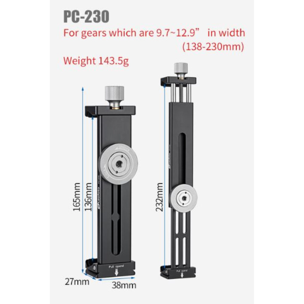 Leofoto PC-230 tablethouder productschema met afmetingen en voorbeelden voor tablets van 138–230 mm breed.