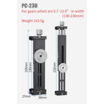 Leofoto PC-230 tablethouder productschema met afmetingen en voorbeelden voor tablets van 138–230 mm breed.