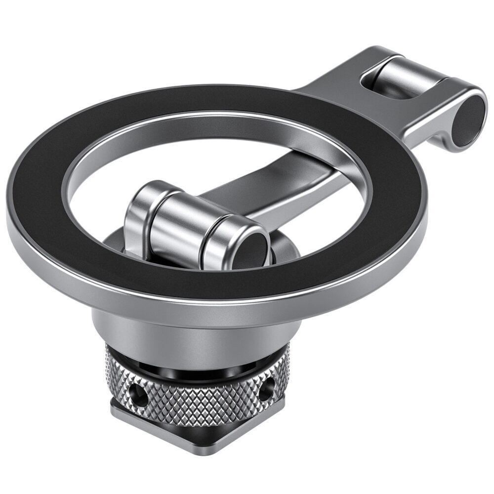 Leofoto PM-03 houder bovenaanzicht van ronde magnetische ring met scharnierarm en geribbelde voet.
