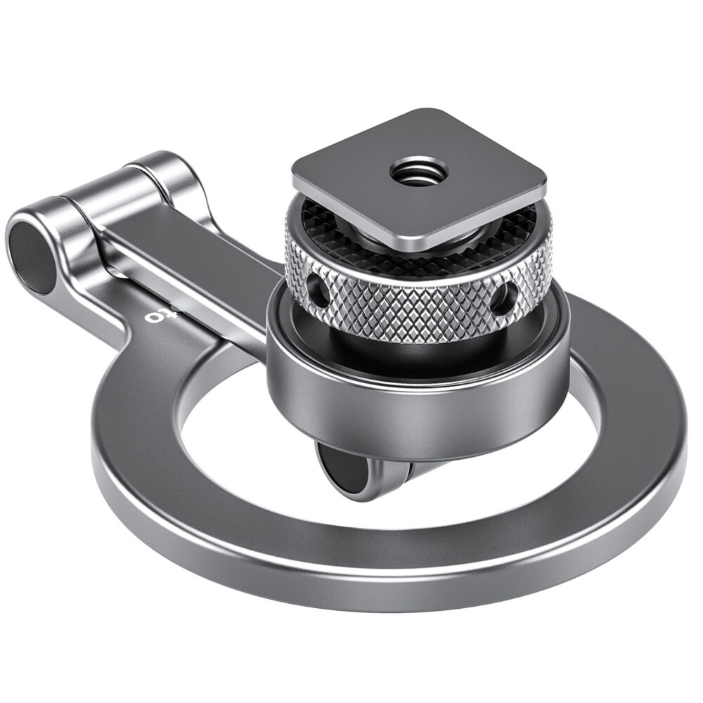 Leofoto PM-03 houder compact samengeklapt met ring plat op basis en 1/4 inch montagevlak.