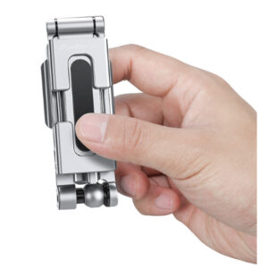 Leofoto PS-4 smartphone houder compact opgevouwen in de hand, toont het draagbare formaat.
