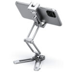 Leofoto PS-4 smartphone houder gebruikt als hoog tafelstatief met horizontaal gemonteerde smartphone.