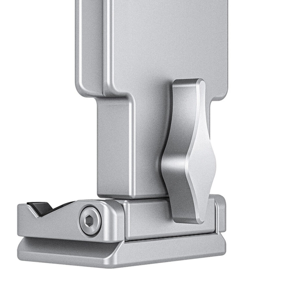 Leofoto PC-120 smartphone detail van de zilveren basis met Arca-Swiss-klem en vergrendelingshendel voor bevestiging op statief.