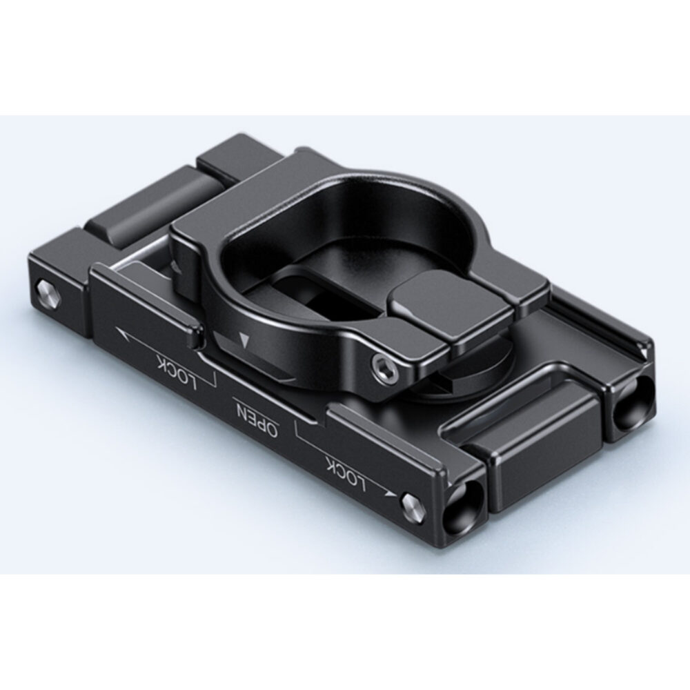Leofoto PC-60 smartphonehouder liggend met prominente ringgreep en gravering op de zwarte aluminium behuizing.