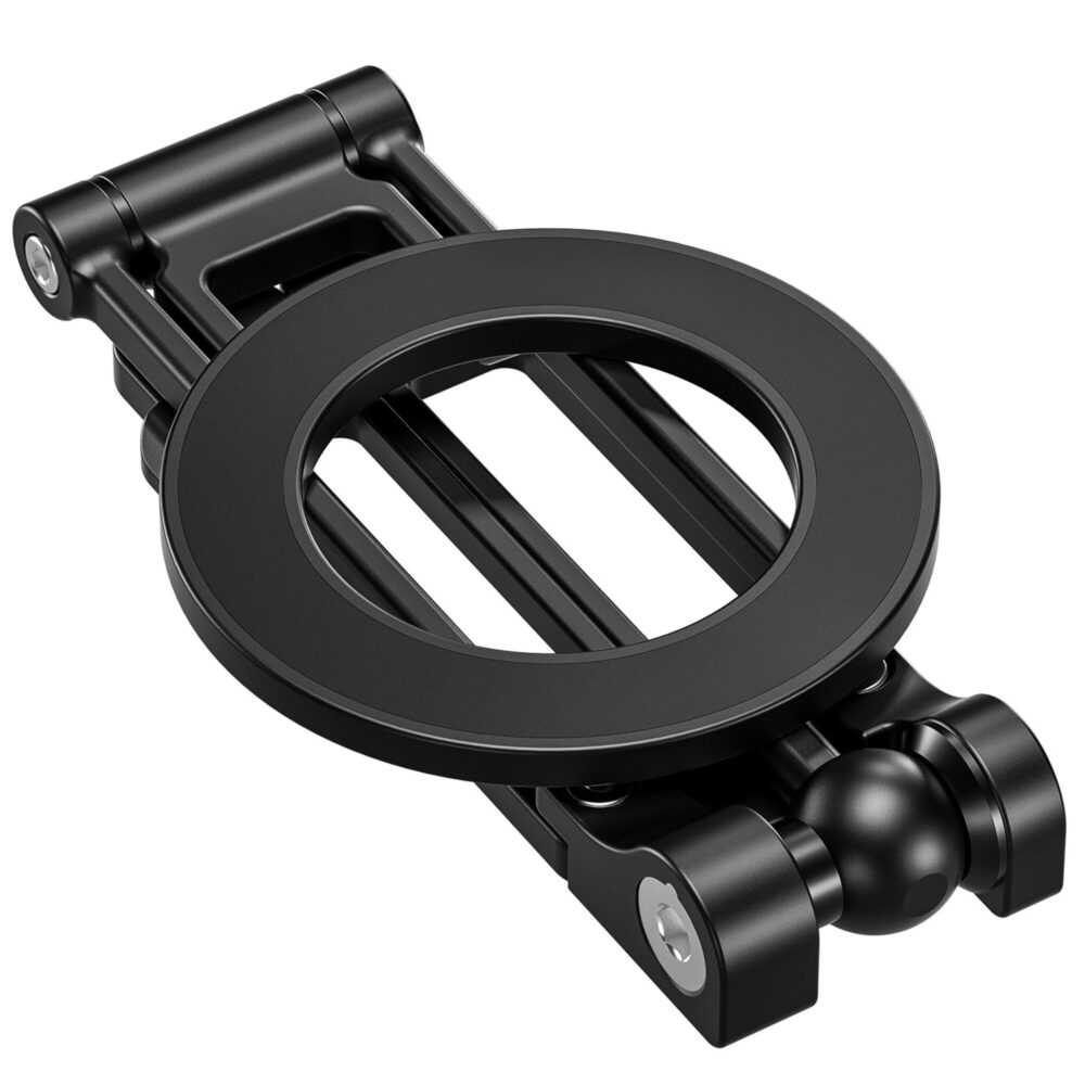 Leofoto PS-5 Smartphonehouder close-up van platgevouwen magnetische ring en arm in compacte transportstand.