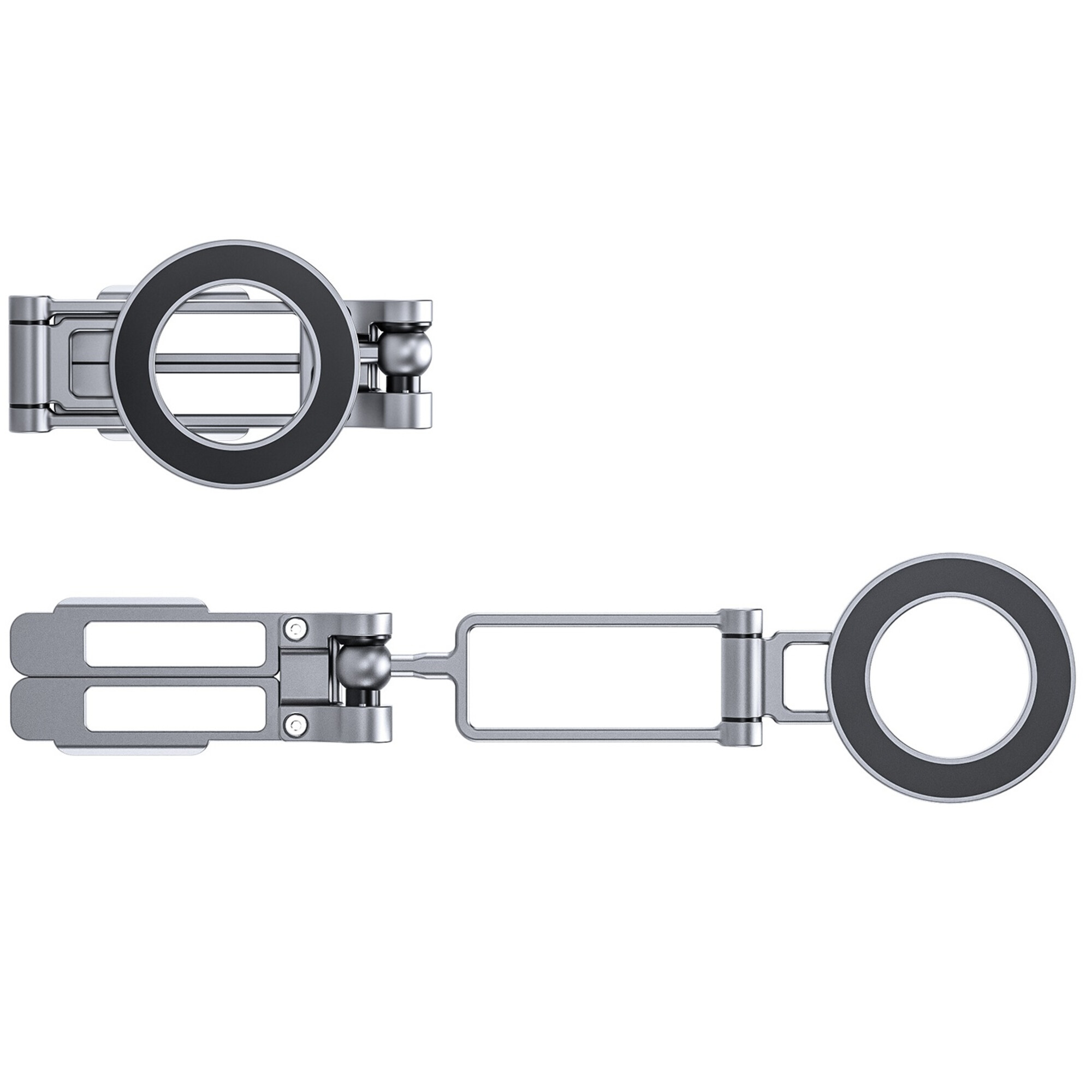 Leofoto PS-5 smartphonehouder zijaanzicht met lange scharnierende arm en ring in maximale uitklapstand.