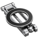 Leofoto-Mounting-Magnetic-smartphone-holder-PS-5-silver-3 Leofoto PS-5 smartphonehouder close-up in opgevouwen transportstand met zichtbare magnetische ring en scharnieren.