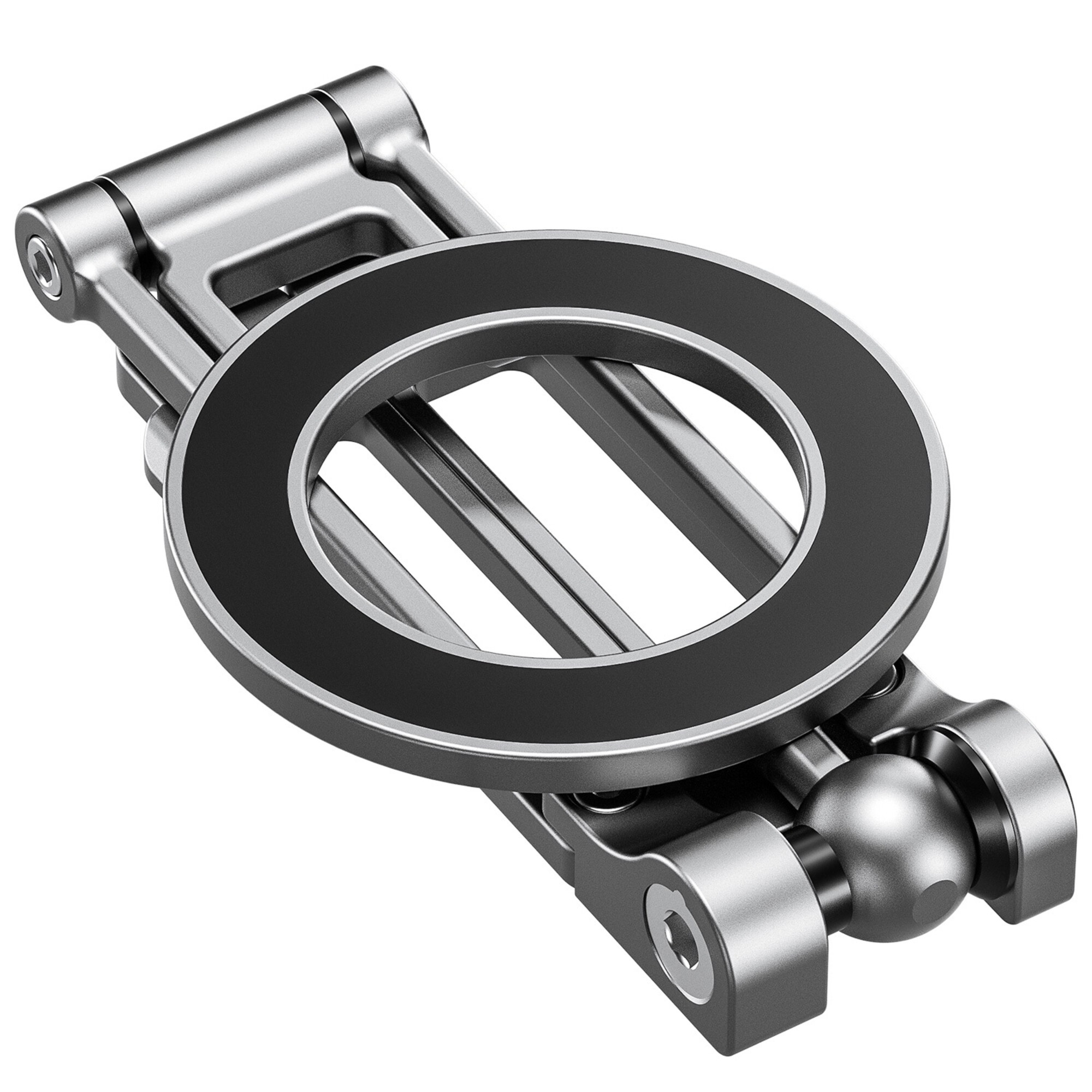 Leofoto PS-5 smartphonehouder close-up in opgevouwen transportstand met zichtbare magnetische ring en scharnieren.