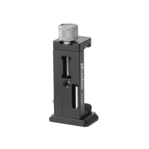 Leofoto PC-90II smartphonehouder schuin zijaanzicht met zichtbare stelschroef, Leofoto-logo en Arca-Swiss-compatibele basis.