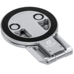 Leofoto PM-05 smartphonehouder mistig grijs opgevouwen met zichtbare ronde magneetring en Arca-Swiss-voet.