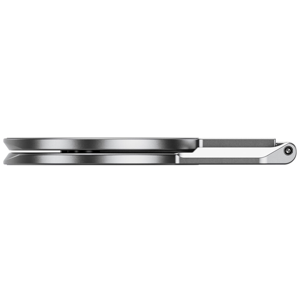Leofoto PM-05 smartphonehouder mistig grijs zijaanzicht in volledig opgevouwen ultradunne stand.