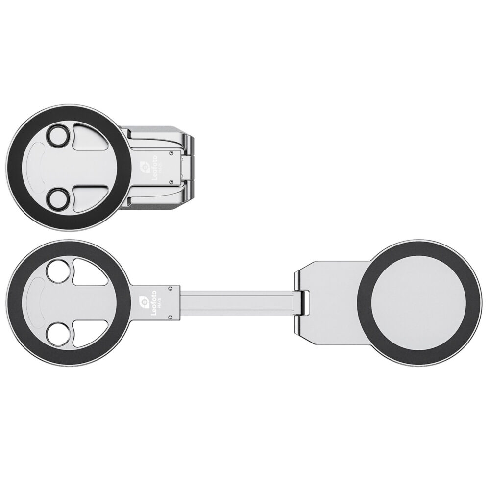 Leofoto PM-05 smartphonehouder mistig grijs schemaweergave met beide magnetische uiteinden en tussenarm.