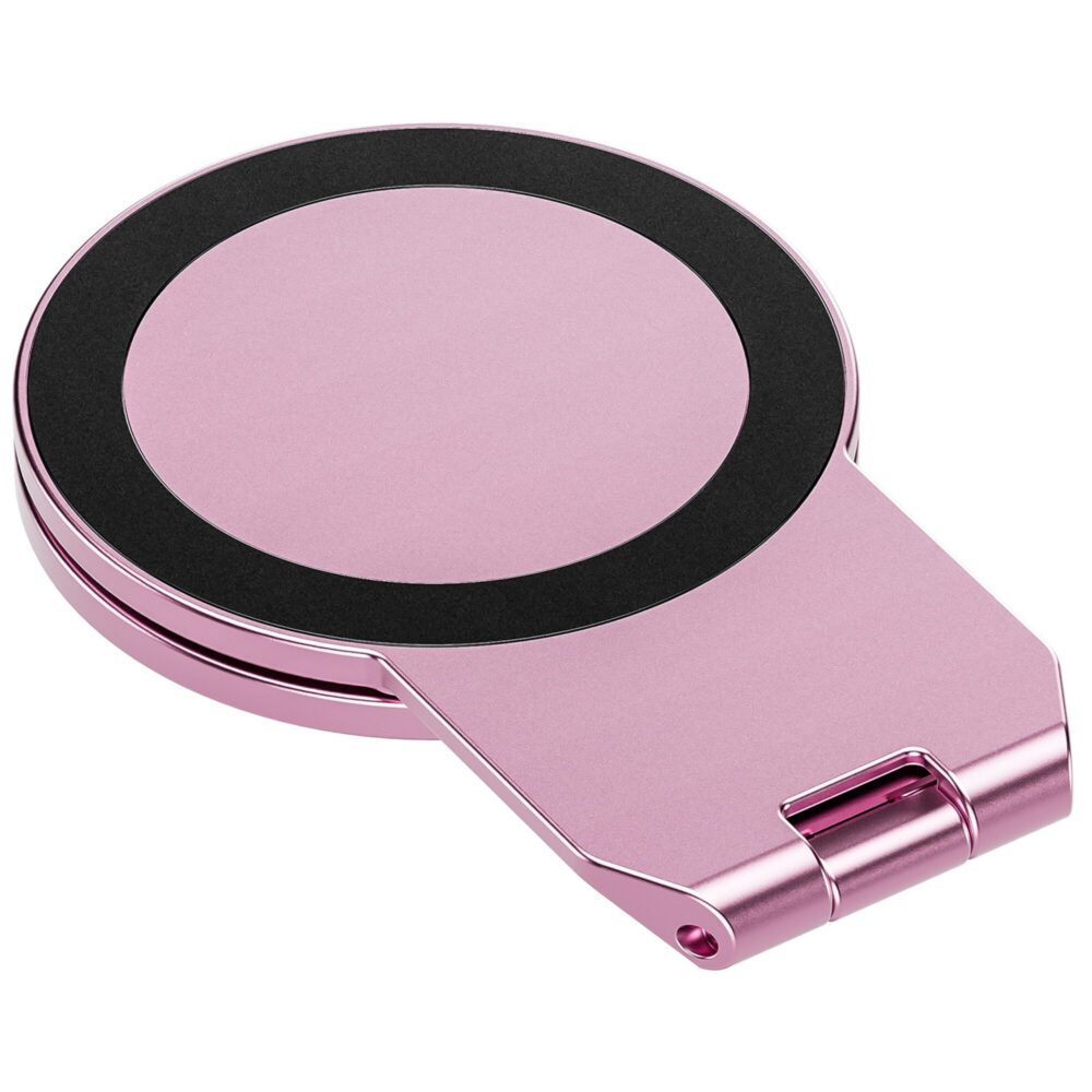 Leofoto PM-05 smartphonehouder roze bovenaanzicht van opgevouwen ronde achterkant met zwarte magneetring.