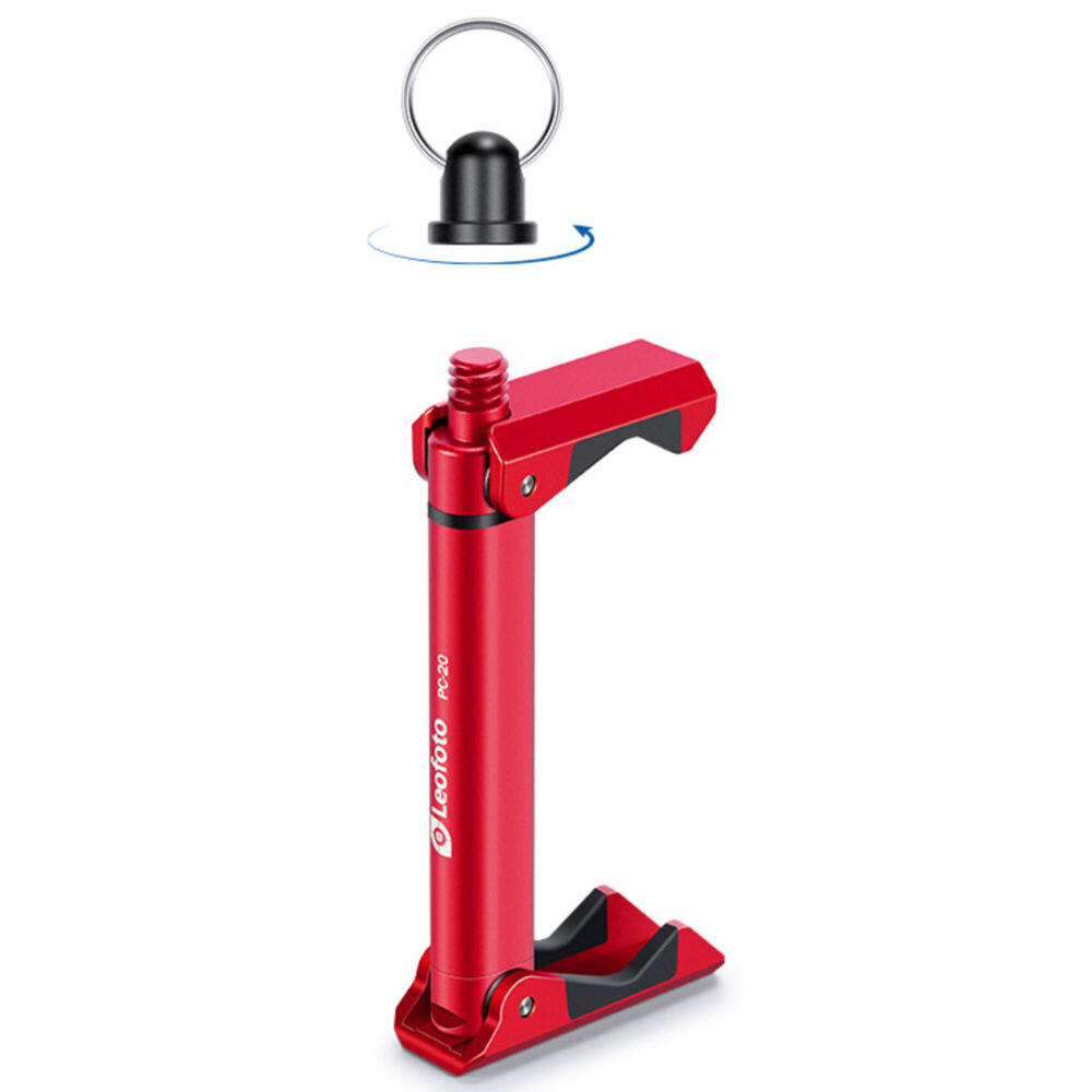 Leofoto PC-20 smartphonehouder rode uitvoering rechtop uitgeklapt met bovenste klem en Arca-Swiss-plaat als basis.