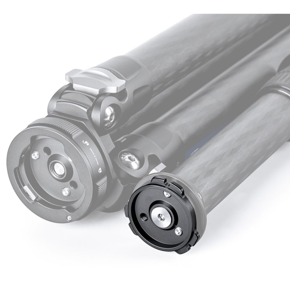 Leofoto Q70 snelwisselplaat detailopname van het lichte 6061-T6 aluminium met Quick-link bevestigingssysteem.