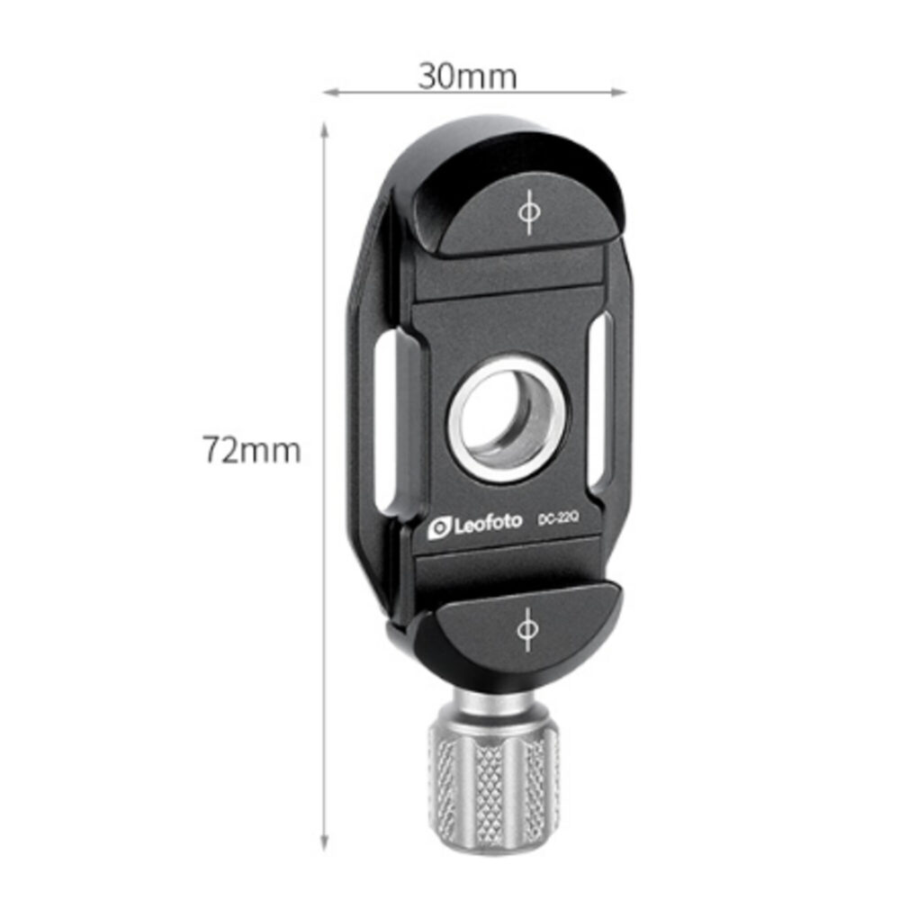 Leofoto SP-01 draagriem detailweergave DC-22Q wisselkoppeling met afmetingen in millimeters weergegeven.