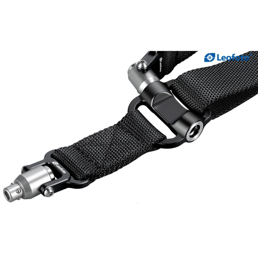 Leofoto SP-01 draagriem close-up van geweven band met roestvrijstalen QD-pen en metalen gesp.