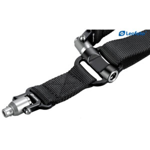 Leofoto SP-01 draagriem close-up van geweven band met roestvrijstalen QD-pen en metalen gesp.