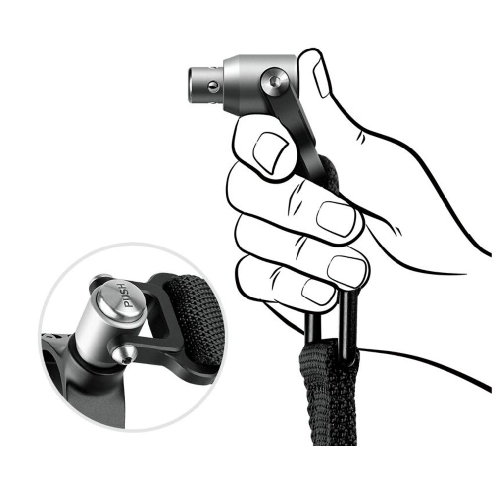 Leofoto SP-01 draagriem illustratie van hand die met één druk op de knop de QD-pen ontkoppelt.