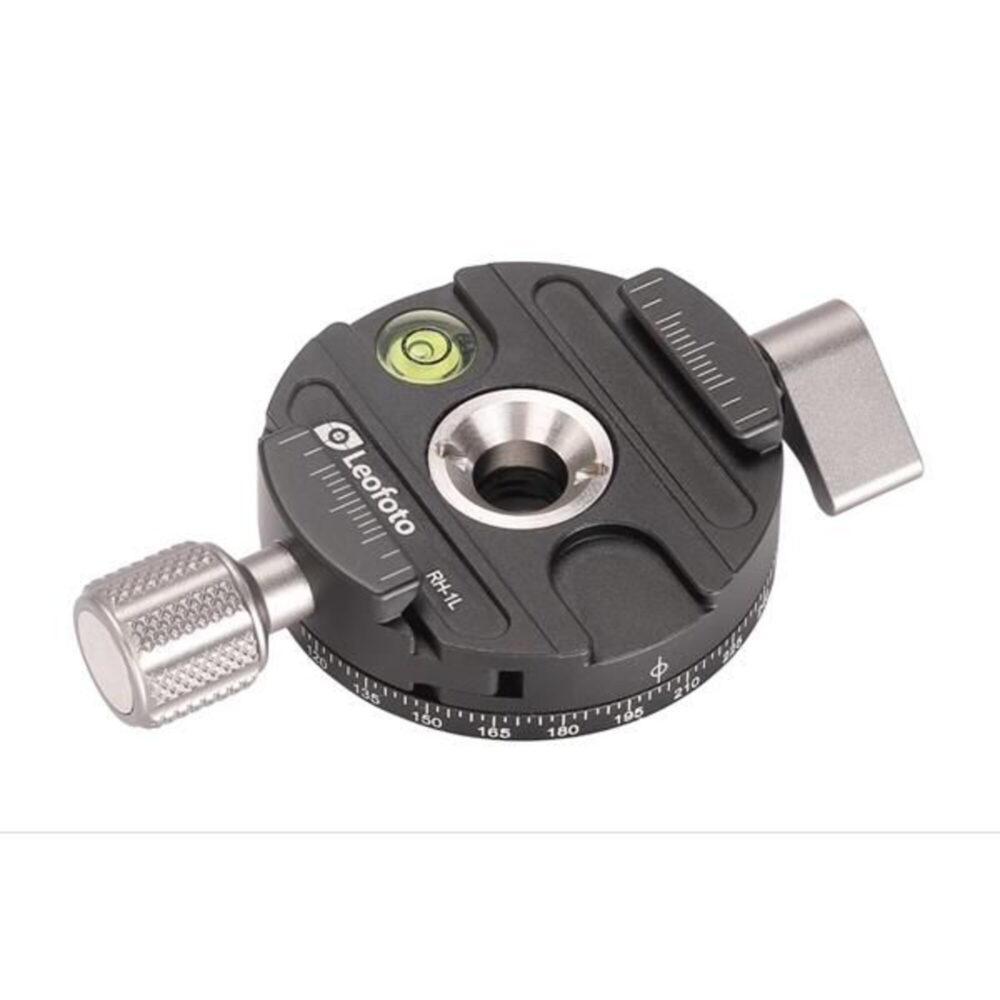 Leofoto RH-1L statief-panoramakop schuin zijaanzicht met grote vergrendelknop en snelspanhendel voor precieze rotatie.