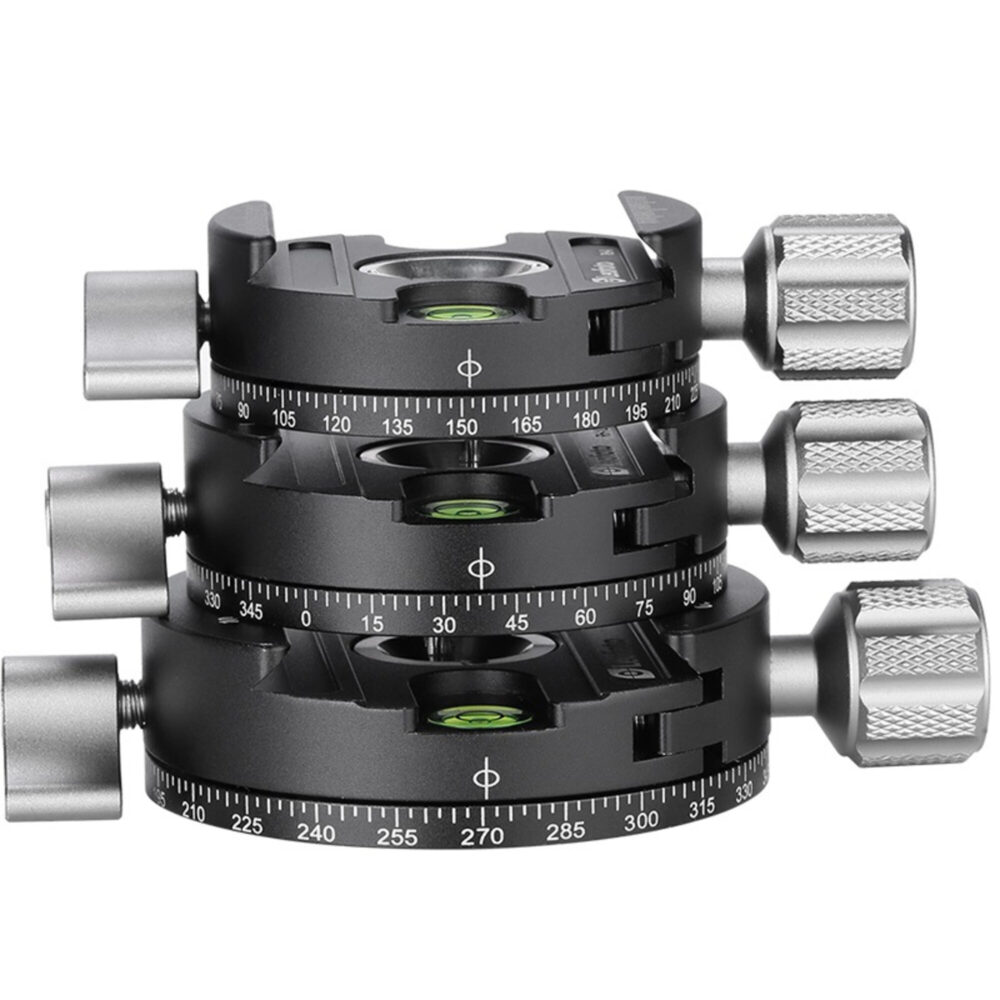 Leofoto RH-1L statief-panoramakop gestapelde panoramakoppen met 360° gradschaal en geïntegreerde waterpassen langs de rand.