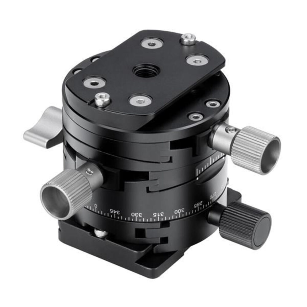 Leofoto G2 statief-panoramakop achter- en onderaanzicht met 3/8-inch statiefaansluiting en meerdere instelknoppen.