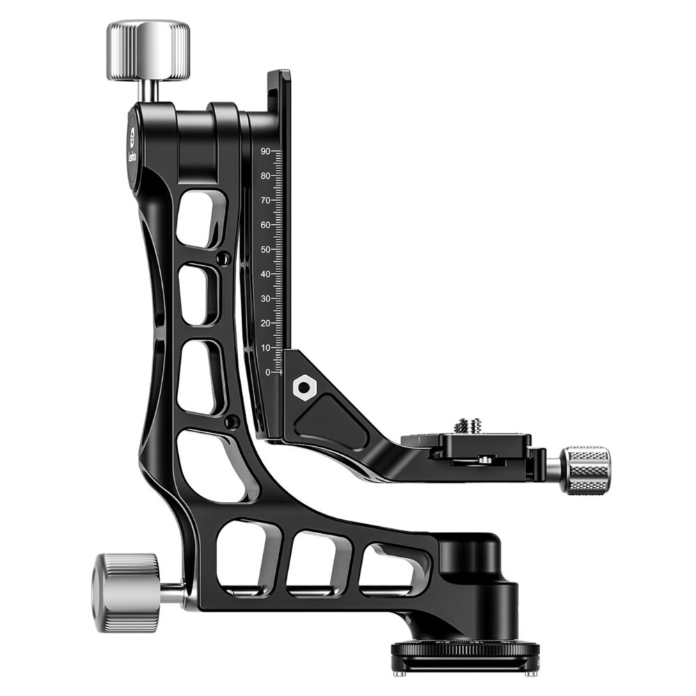 Leofoto P-LH55 snelwisselplaat zijaanzicht van PG-1 gimbalhead met schaalverdeling en gemonteerde basisplaat.