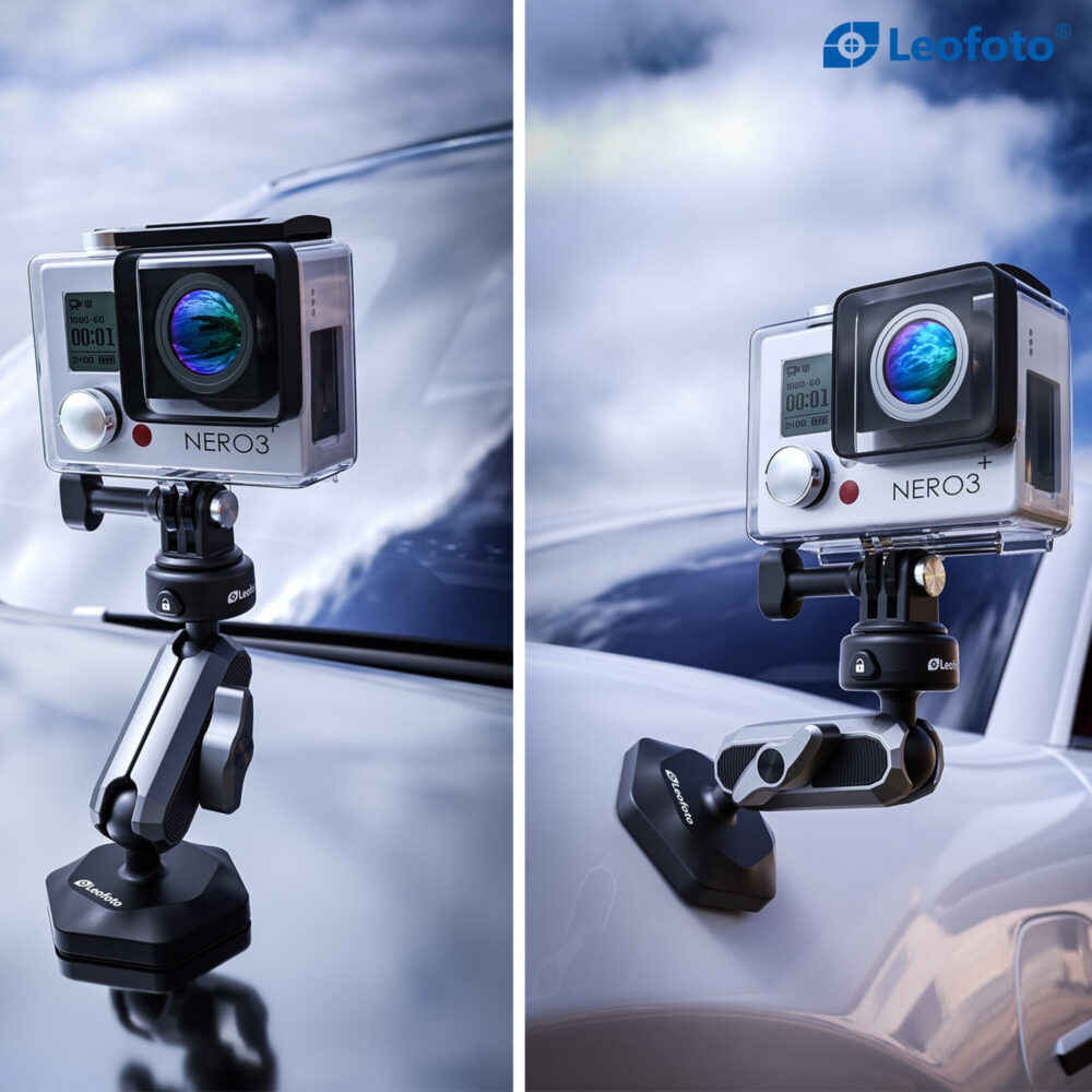 Leofoto LAC-01 statiefhouder actioncam gemonteerd op auto via magnetische voet voor dynamische opnamen