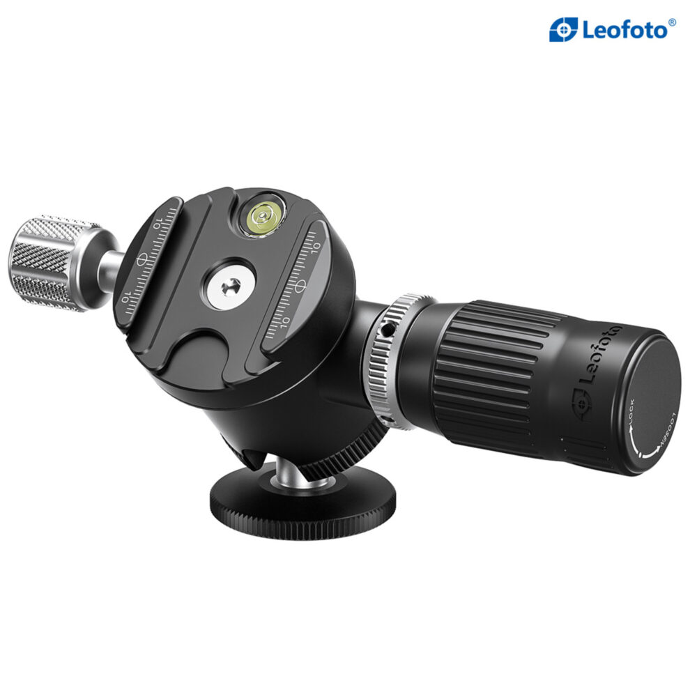Leofoto MBH-35 statiefkogelkop extreme kantelstand op ronde basis om maximale bewegingsvrijheid te tonen.