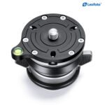 Leofoto LBQ-60S nivelleringsbasis bovenaanzicht met centrale 3/8-inch schroef, bevestigingsgaten en groene waterpas.