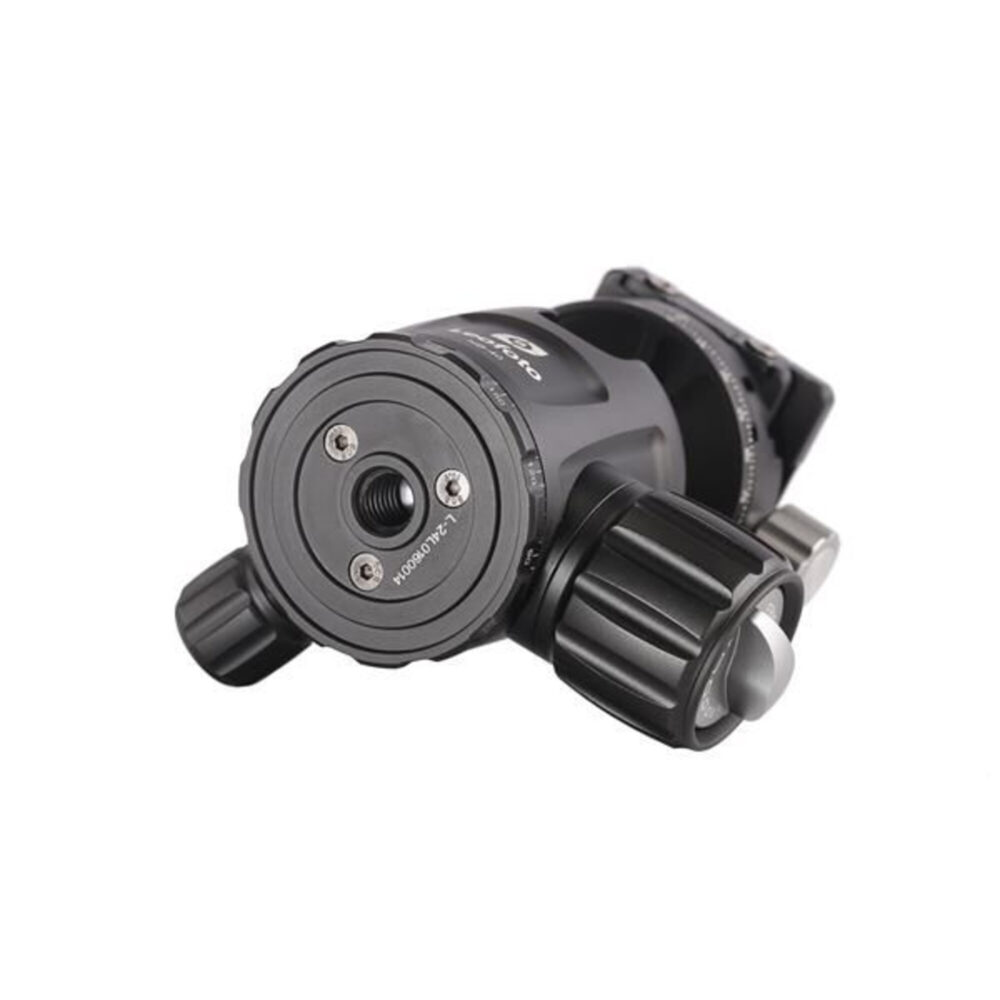 Leofoto NB-40 statiefkogelkop onderaanzicht met 3/8-inch statiefaansluiting en duidelijk gegraveerde gradenring.