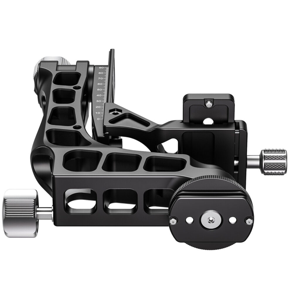 Leofoto P-BV10 snelwisselplaat gemonteerd onder PG-1 gimbalhead als stevige Arca-Swiss compatibele basis.