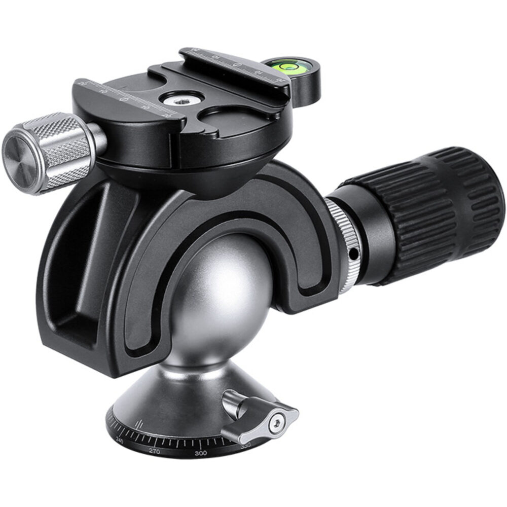 Leofoto MH‑60 statiefkogelkop gemonteerd op statief, rechtop voor gebruik met camera-uitrusting.