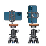 Leofoto PH-01 smartphone-videorig twee opstellingen met smartphone horizontaal en verticaal gemonteerd op statieven.