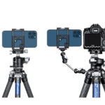 Leofoto PH-01 smartphone-videorig rig met smartphone op statief gecombineerd met fotocamera op tweede statief via magic arm.