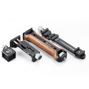 Leofoto VC‑1 handgreep losse onderdelen met palissander grip, smartphonehouder, rail en flitsschoen‑adapters uitgestald.