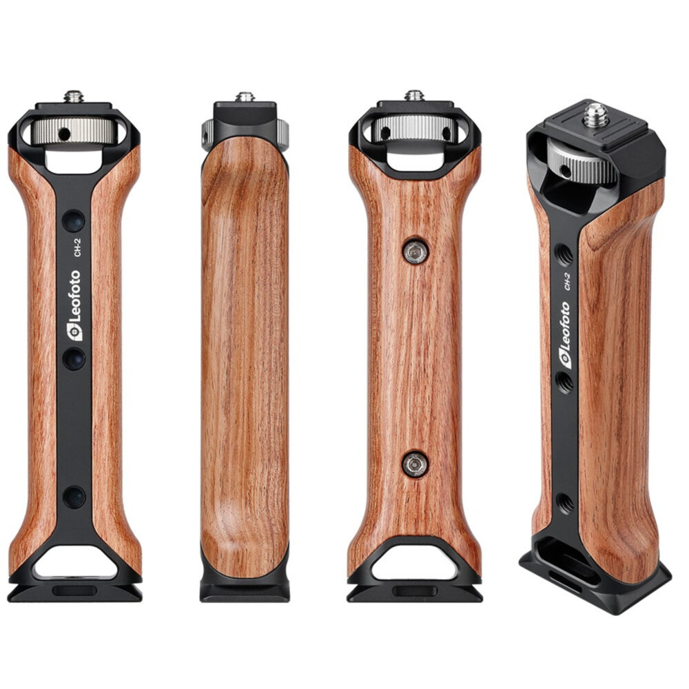 Leofoto VC‑1 handgreep close‑up van gepolijste palissander houten handgreep in voor- en achteraanzicht.