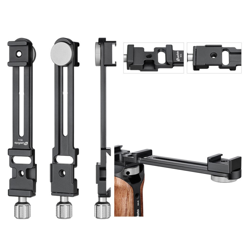 Leofoto VC‑1 handgreep metalen MOJO‑frame met lange rail, klem en meerdere montagepunten voor accessoires.